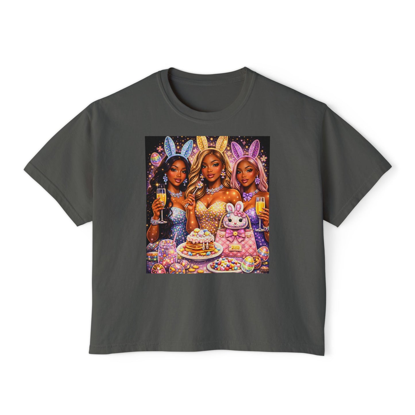 Easter Bunny Party Boxy Tee — Women’s Graphic T-Shirt with Glam Bunny Girls