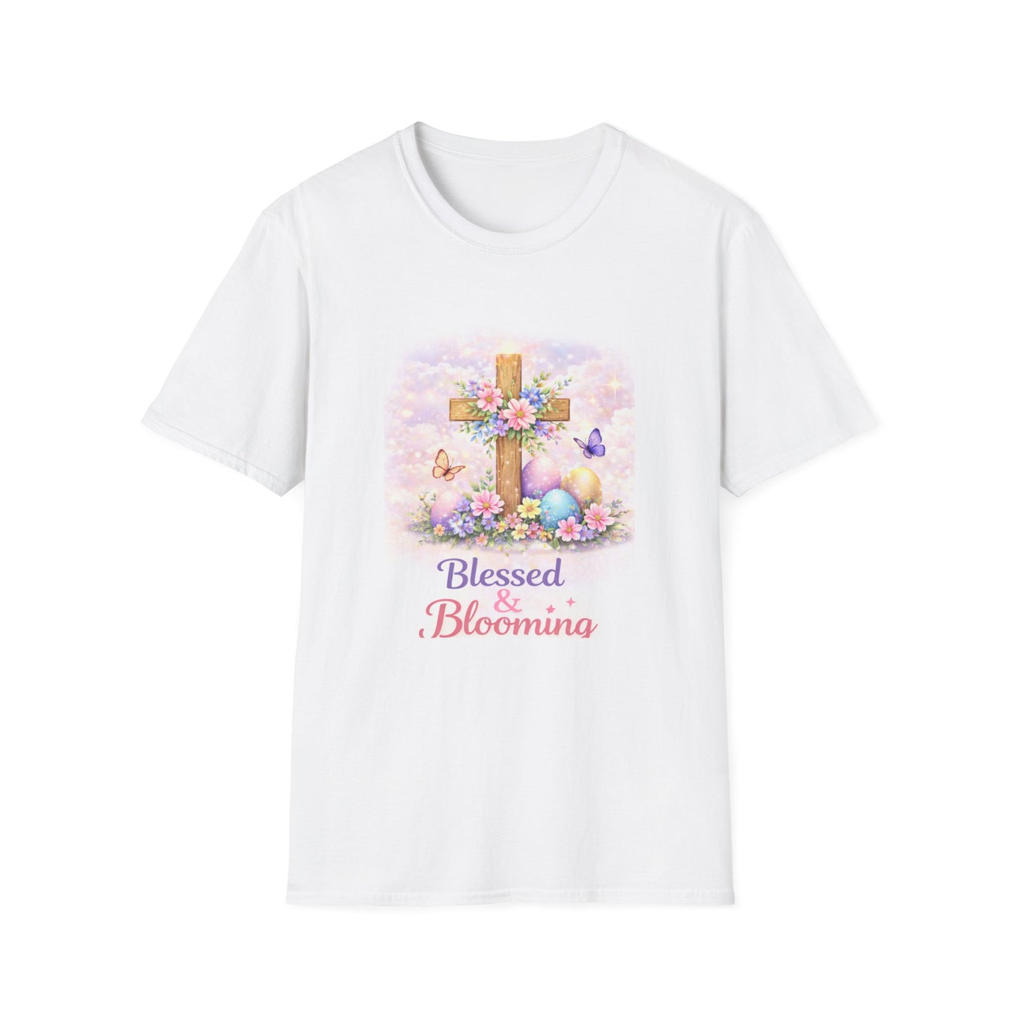 Blessed & Bloomin cross floral Easter T-Shirt | Christian spring design