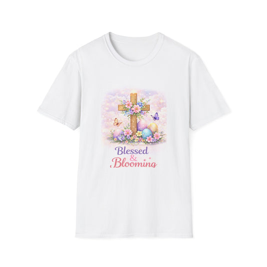 Blessed & Bloomin cross floral Easter T-Shirt | Christian spring design