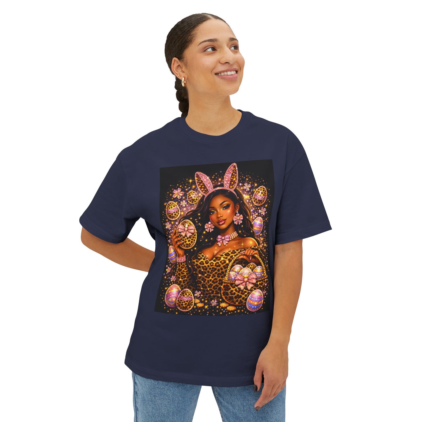 Easter Bunny Glam Tee — Black Woman Easter Egg Art Oversized T-Shirt