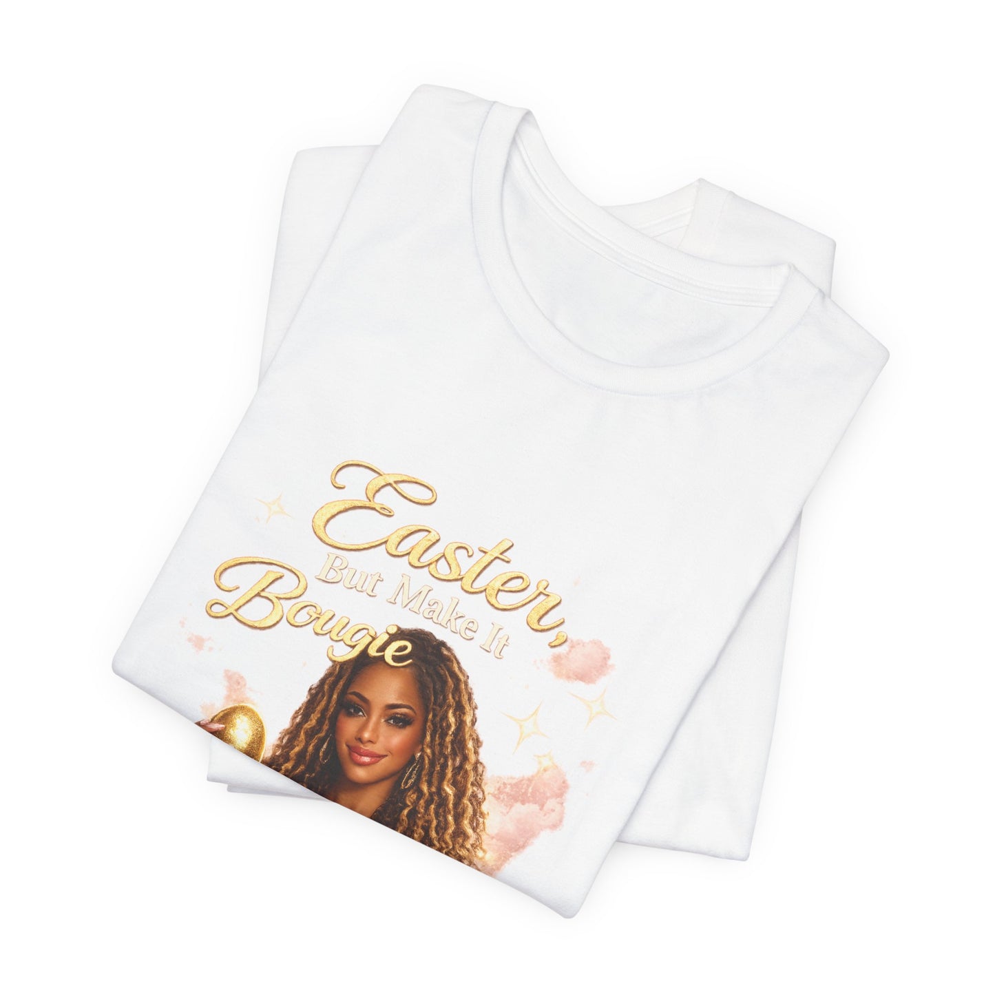 Easter Babe holding golden egg T-Shirt | Easter design, pink shimmer
