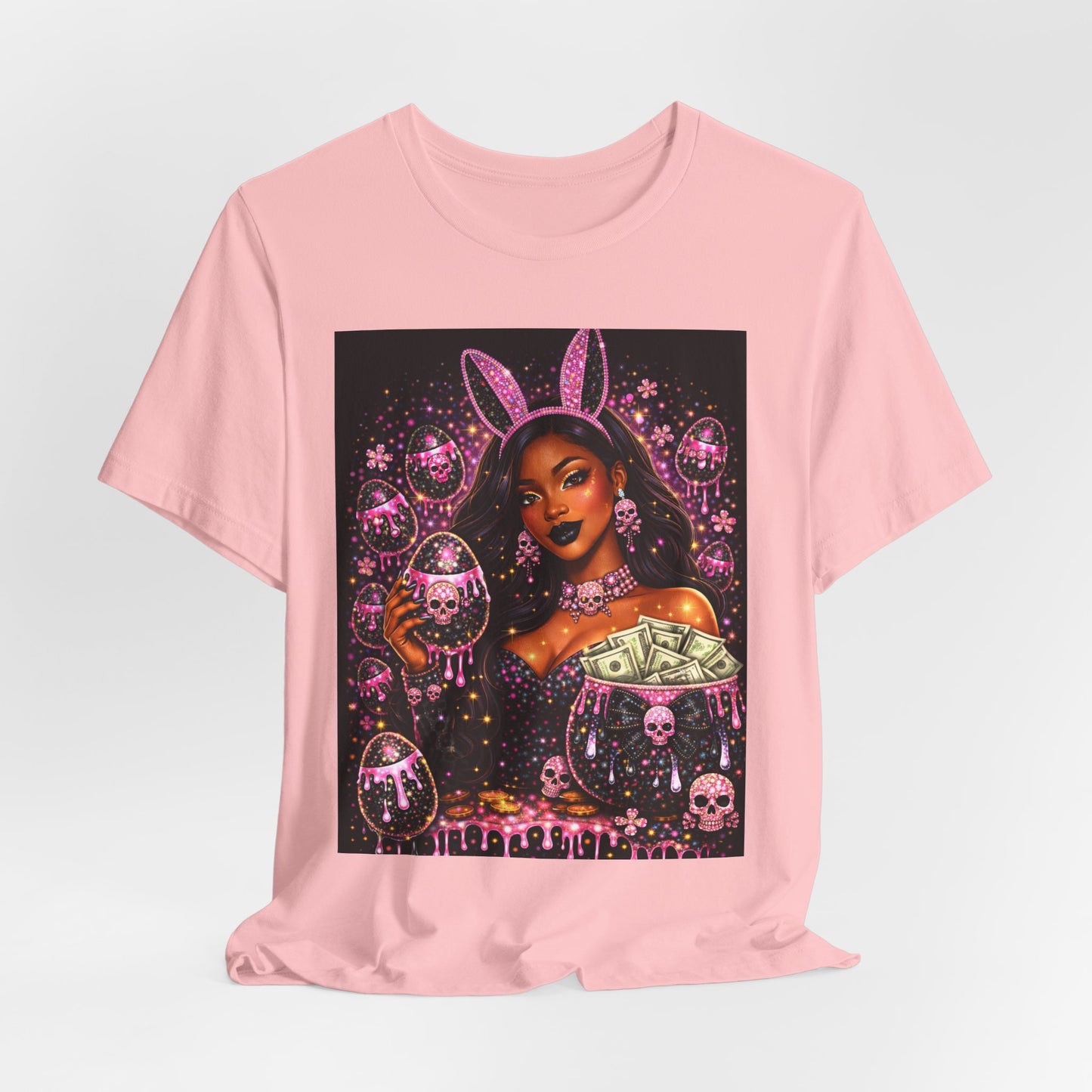 Gothic Bunny Girl Graphic Tee — Pink Skull & Money Illustration