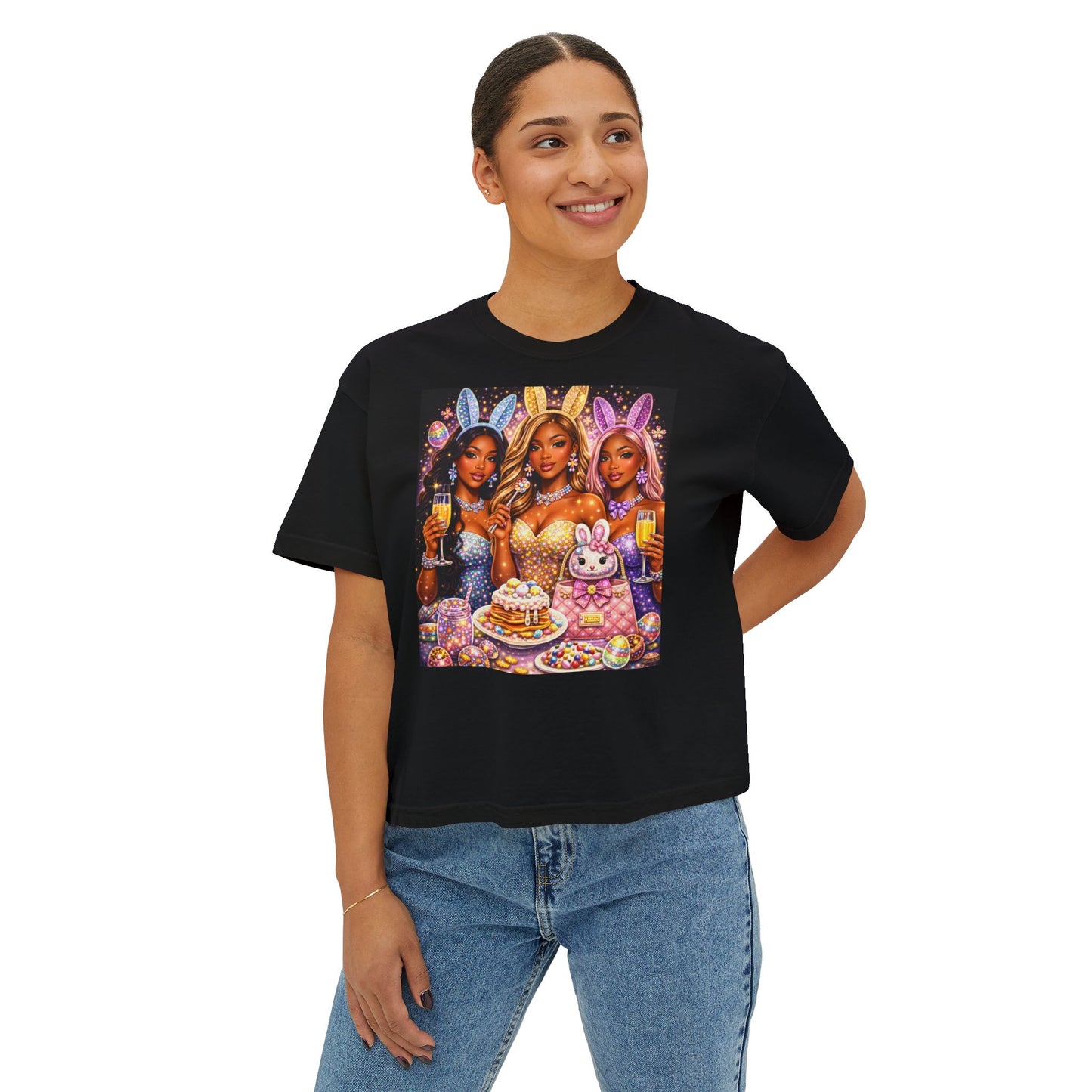 Easter Bunny Party Boxy Tee — Women’s Graphic T-Shirt with Glam Bunny Girls