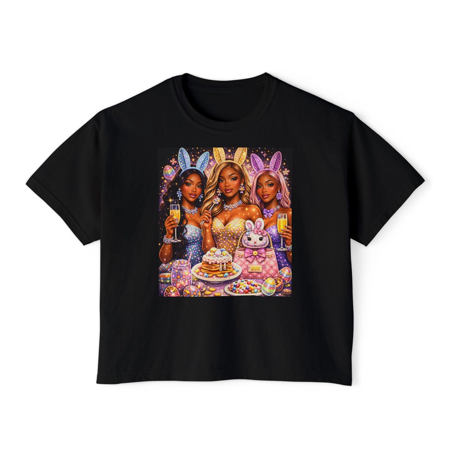 Easter Bunny Party Boxy Tee — Women’s Graphic T-Shirt with Glam Bunny Girls