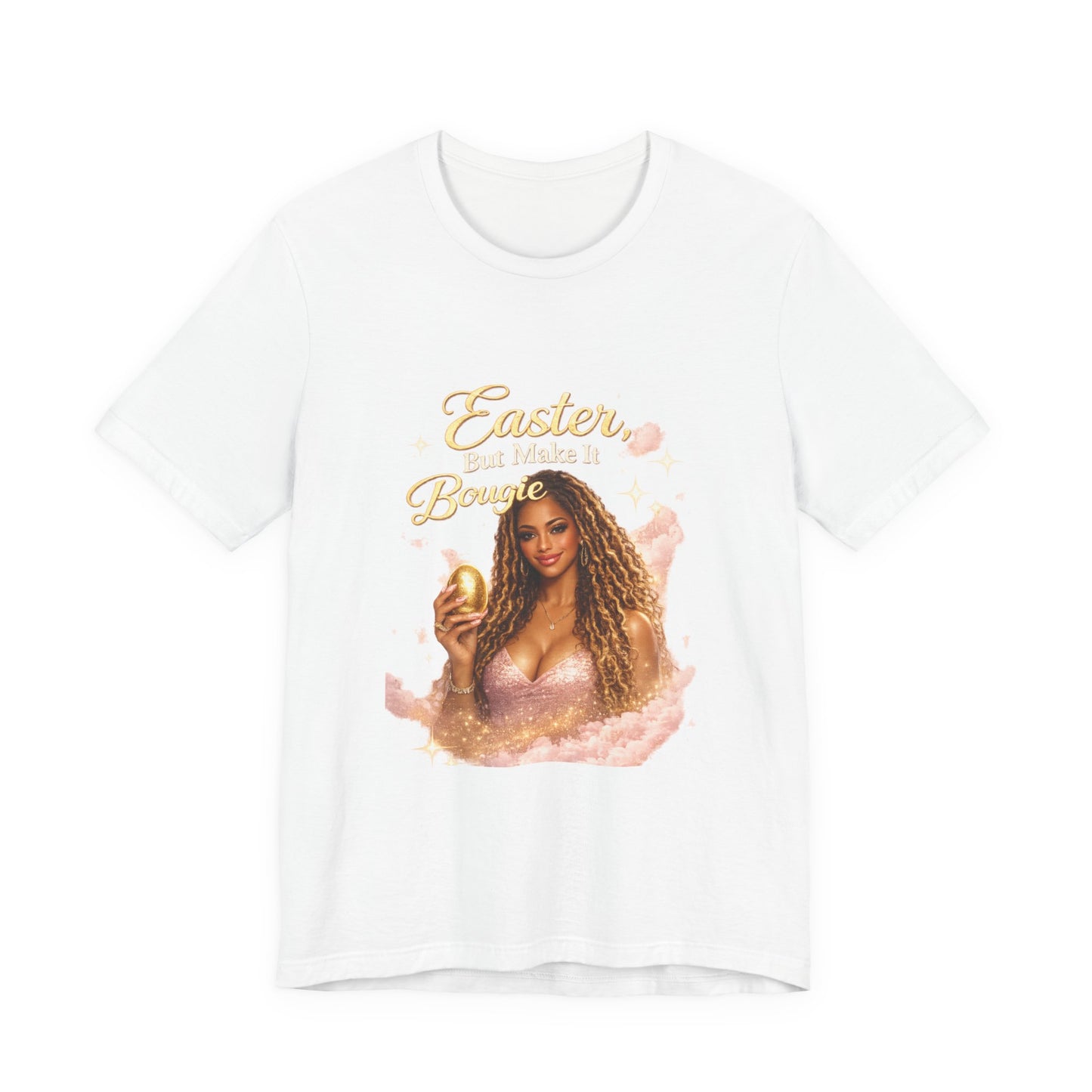 Easter Babe holding golden egg T-Shirt | Easter design, pink shimmer