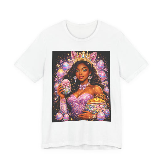 Easter Black Queen T‑Shirt — Black Queen Holding Decorative Egg in Sparkling Pastel Crown