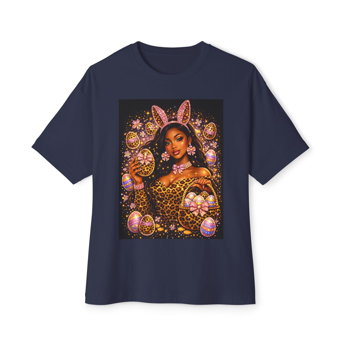 Easter Bunny Glam Tee — Black Woman Easter Egg Art Oversized T-Shirt
