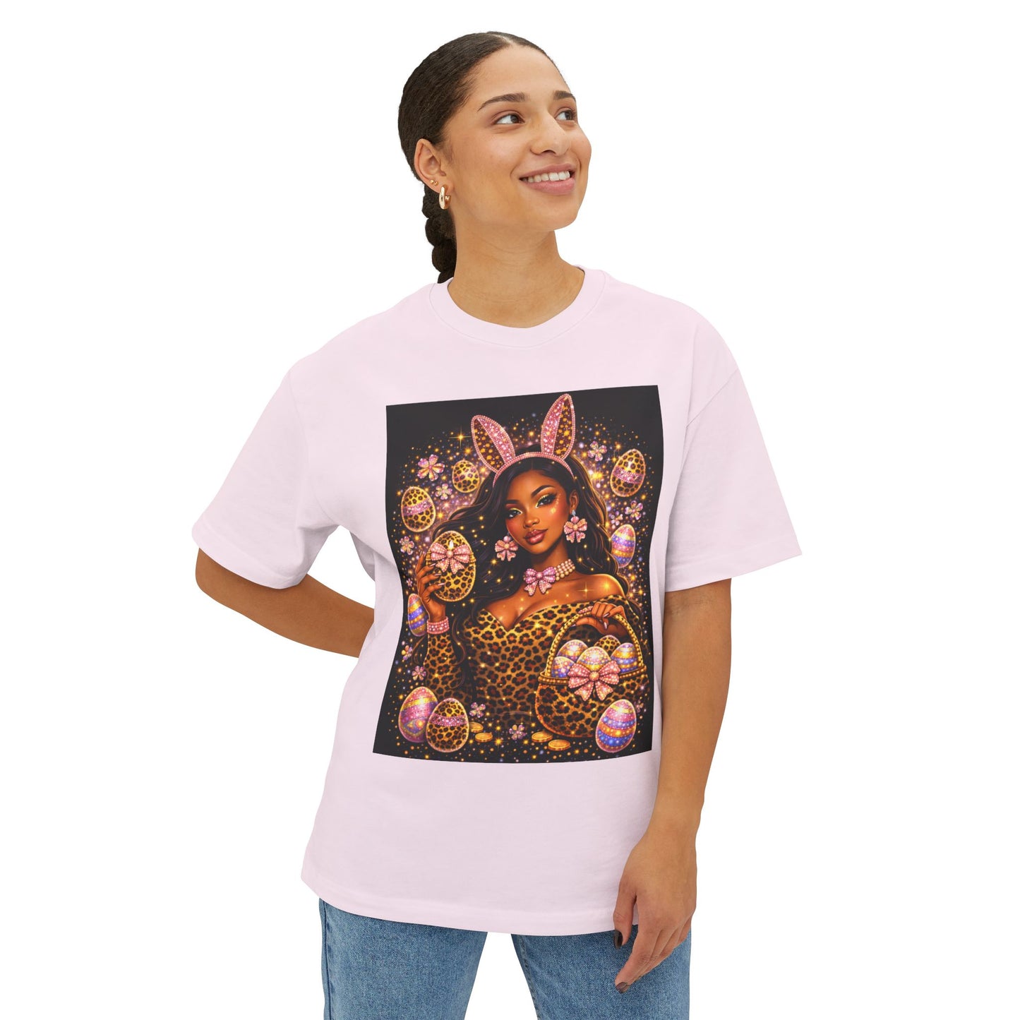 Easter Bunny Glam Tee — Black Woman Easter Egg Art Oversized T-Shirt