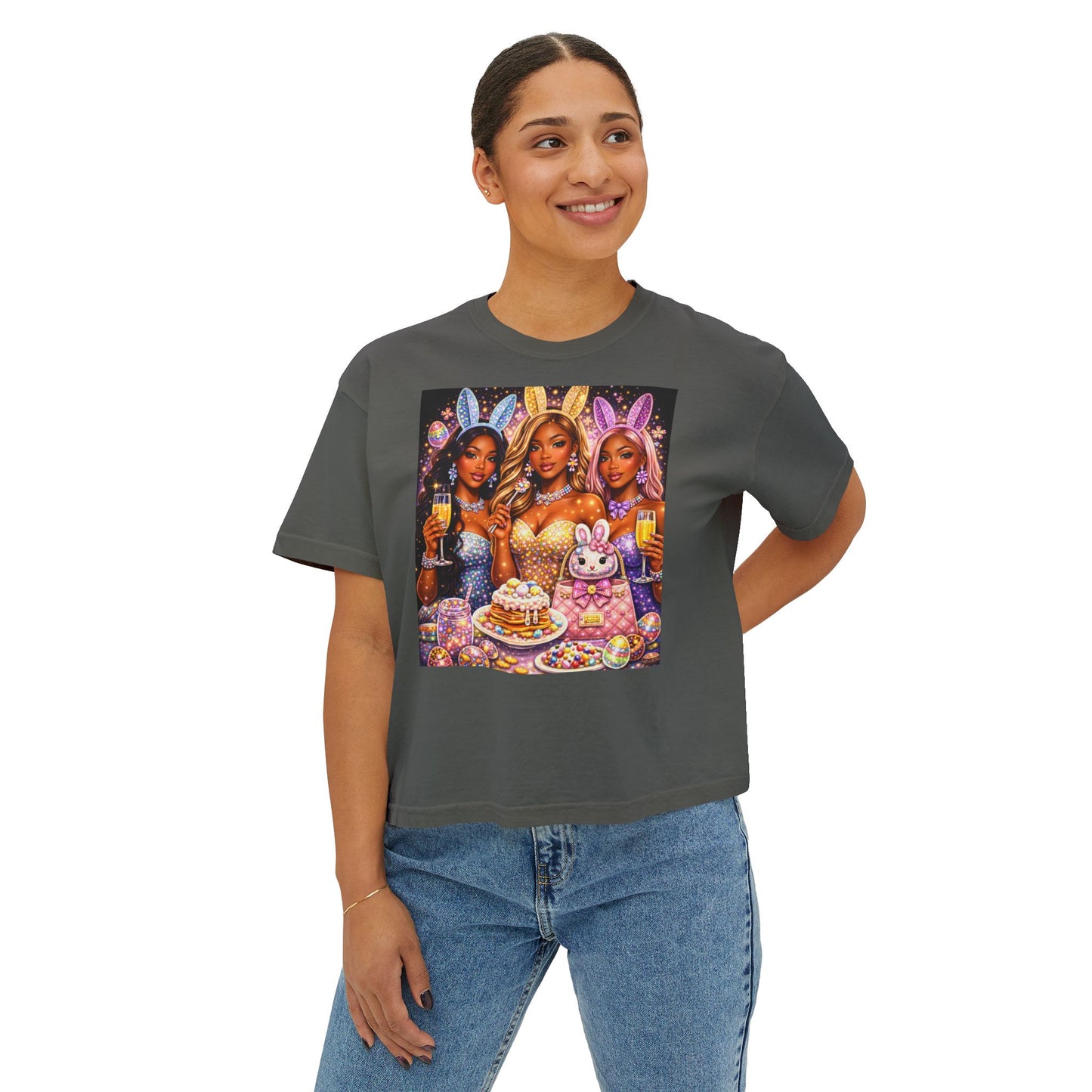 Easter Bunny Party Boxy Tee — Women’s Graphic T-Shirt with Glam Bunny Girls