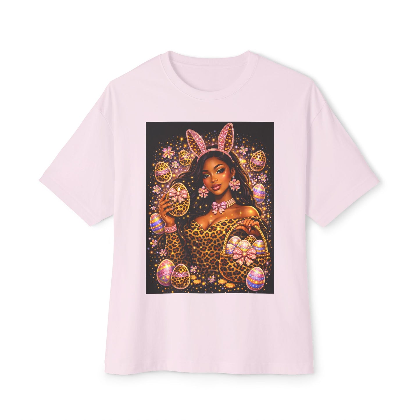 Easter Bunny Glam Tee — Black Woman Easter Egg Art Oversized T-Shirt