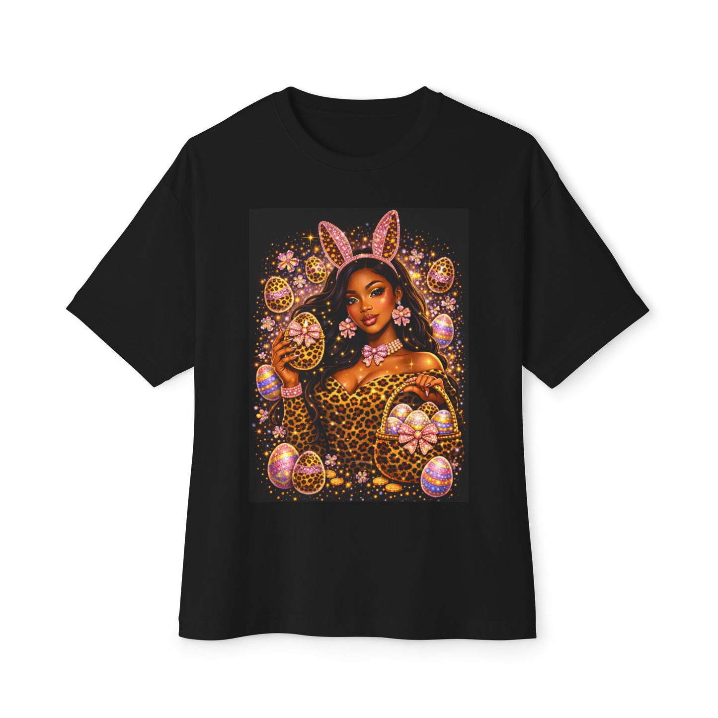 Easter Bunny Glam Tee — Black Woman Easter Egg Art Oversized T-Shirt