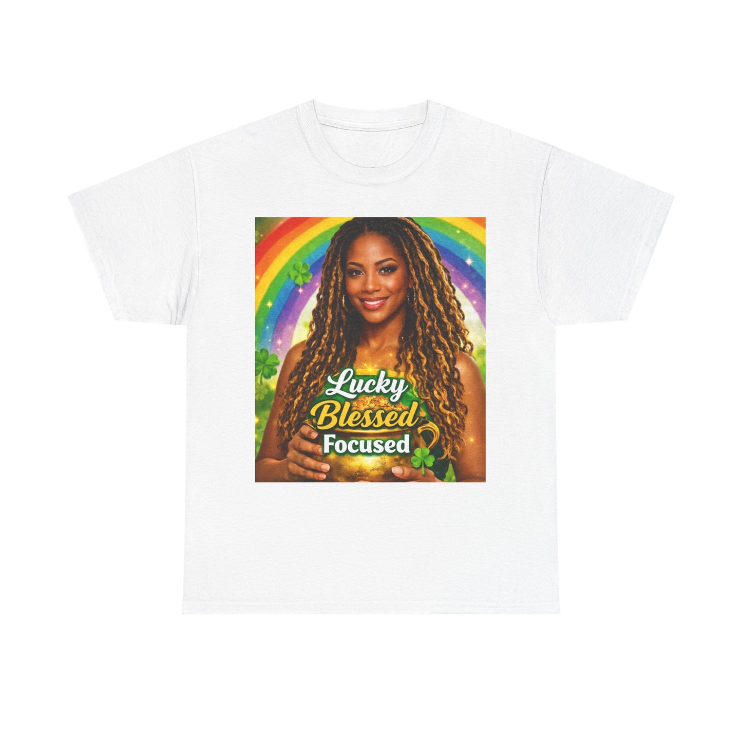 Lucky Blessed Focused T-Shirt | Rainbow Shamrocks St. Patrick's Day