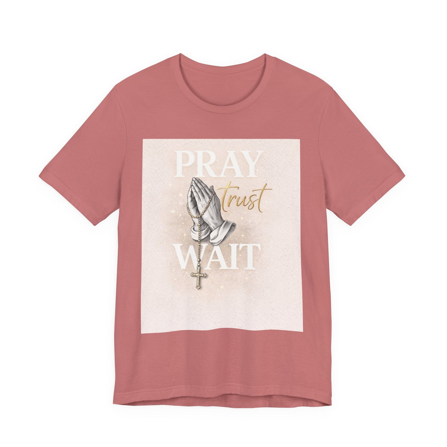 Pray Trust Wait T-Shirt — Inspirational Christian Tee with Praying Hands