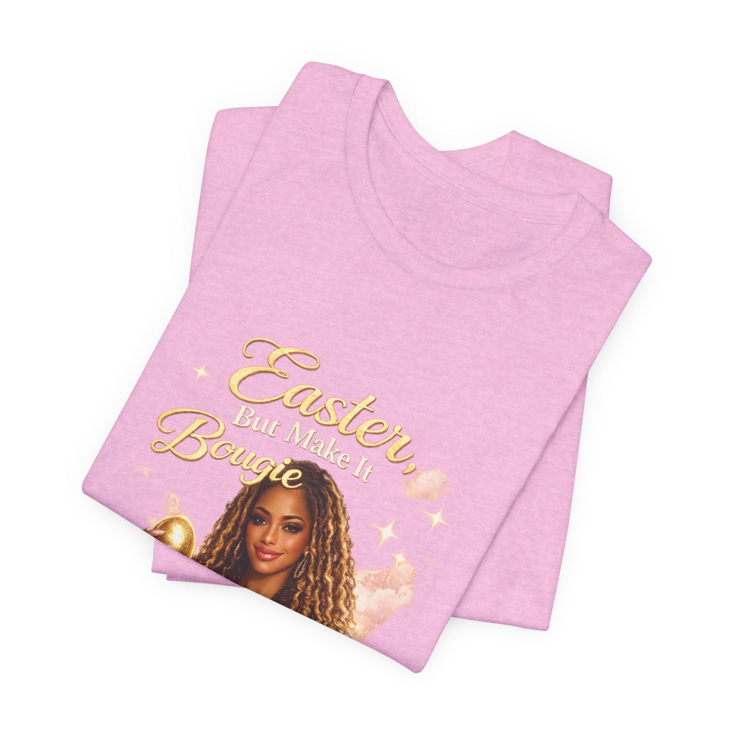 Easter Babe holding golden egg T-Shirt | Easter design, pink shimmer