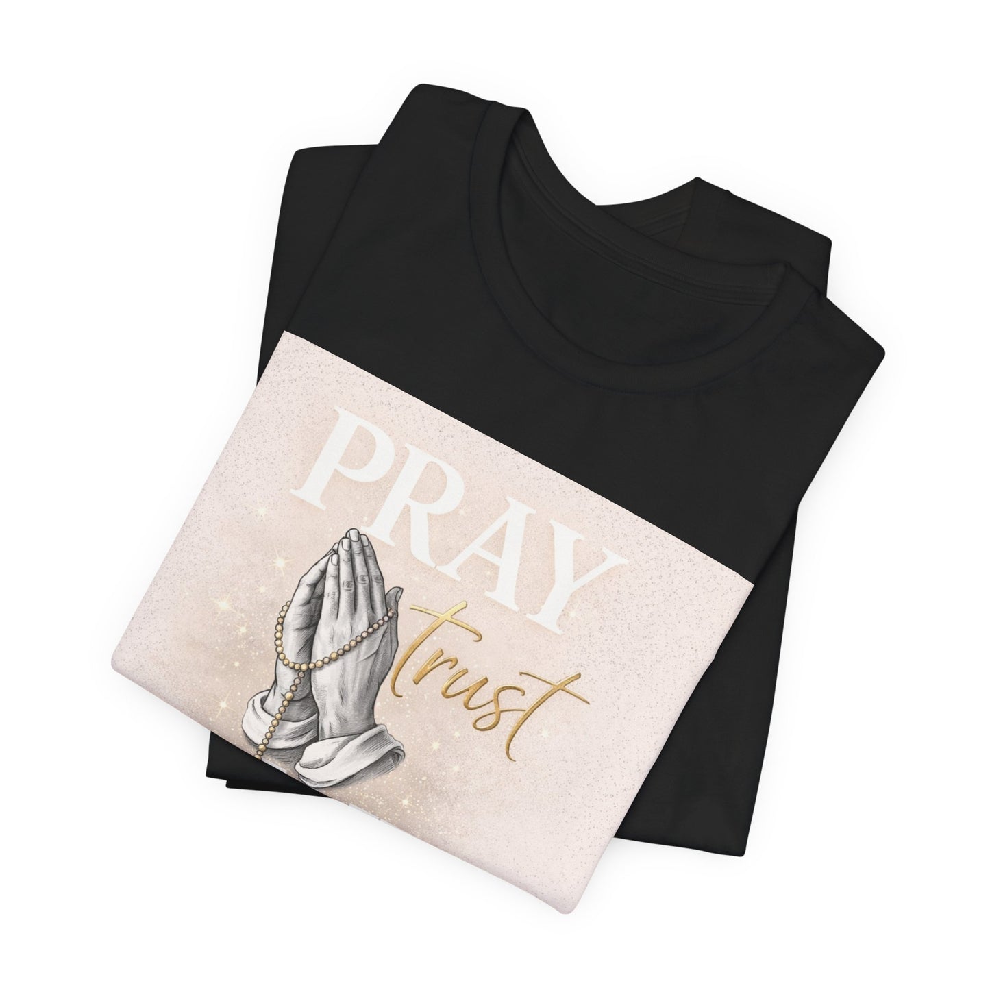 Pray Trust Wait T-Shirt — Inspirational Christian Tee with Praying Hands
