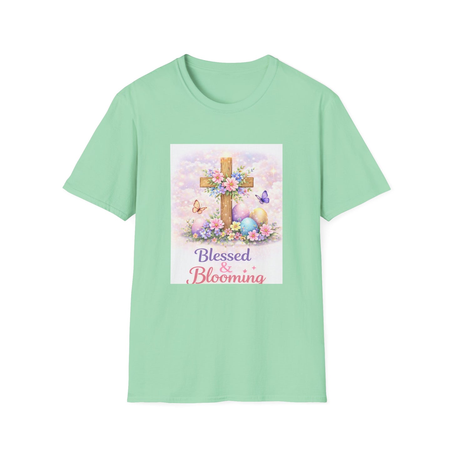 Blessed & Bloomin cross floral Easter T-Shirt | Christian spring design