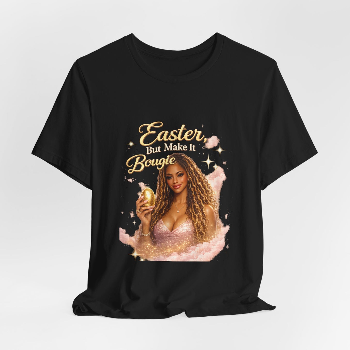 Easter Babe holding golden egg T-Shirt | Easter design, pink shimmer