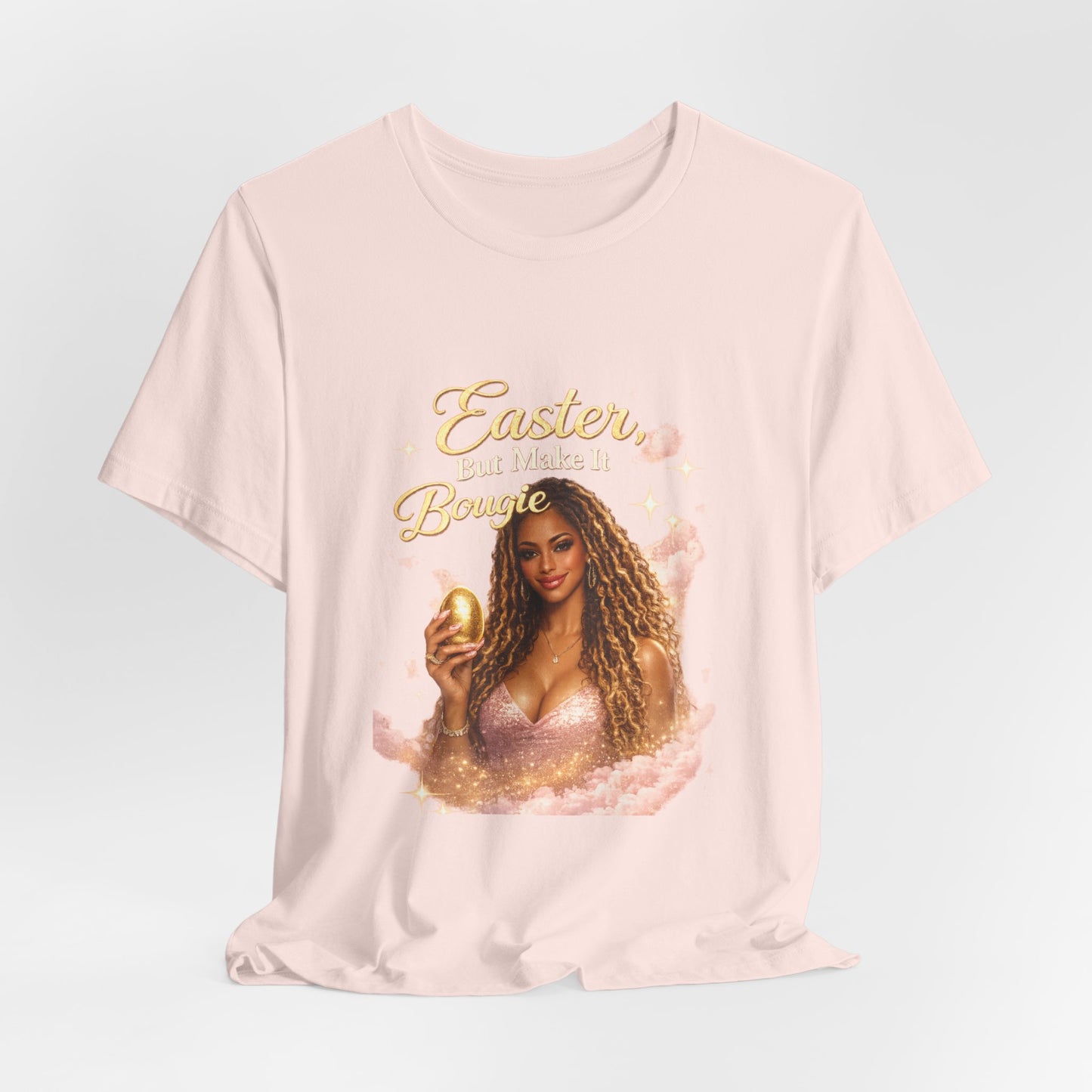 Easter Babe holding golden egg T-Shirt | Easter design, pink shimmer