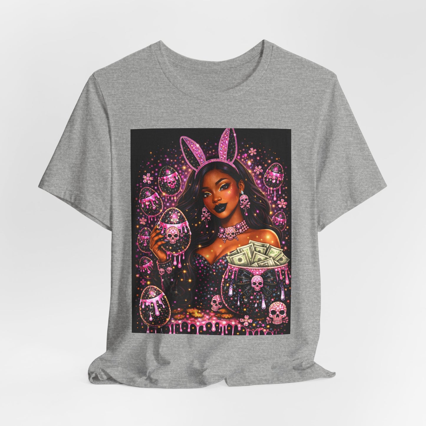 Gothic Bunny Girl Graphic Tee — Pink Skull & Money Illustration