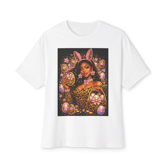 Easter Bunny Glam Tee — Black Woman Easter Egg Art Oversized T-Shirt