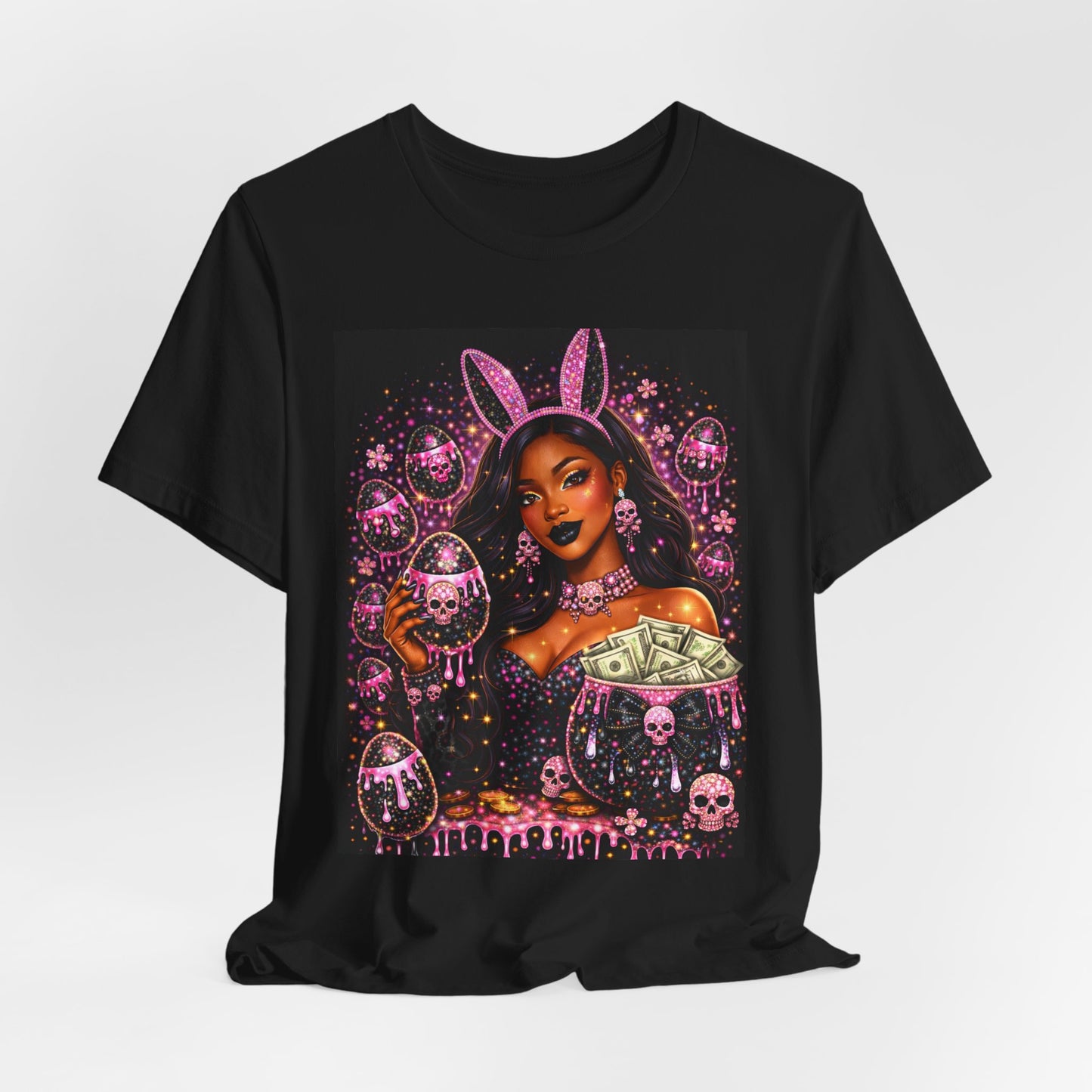 Gothic Bunny Girl Graphic Tee — Pink Skull & Money Illustration