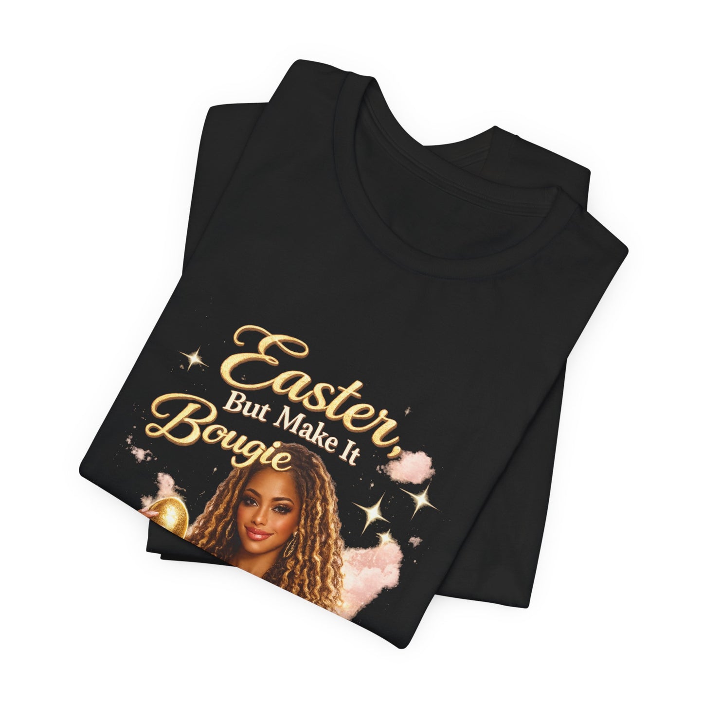 Easter Babe holding golden egg T-Shirt | Easter design, pink shimmer