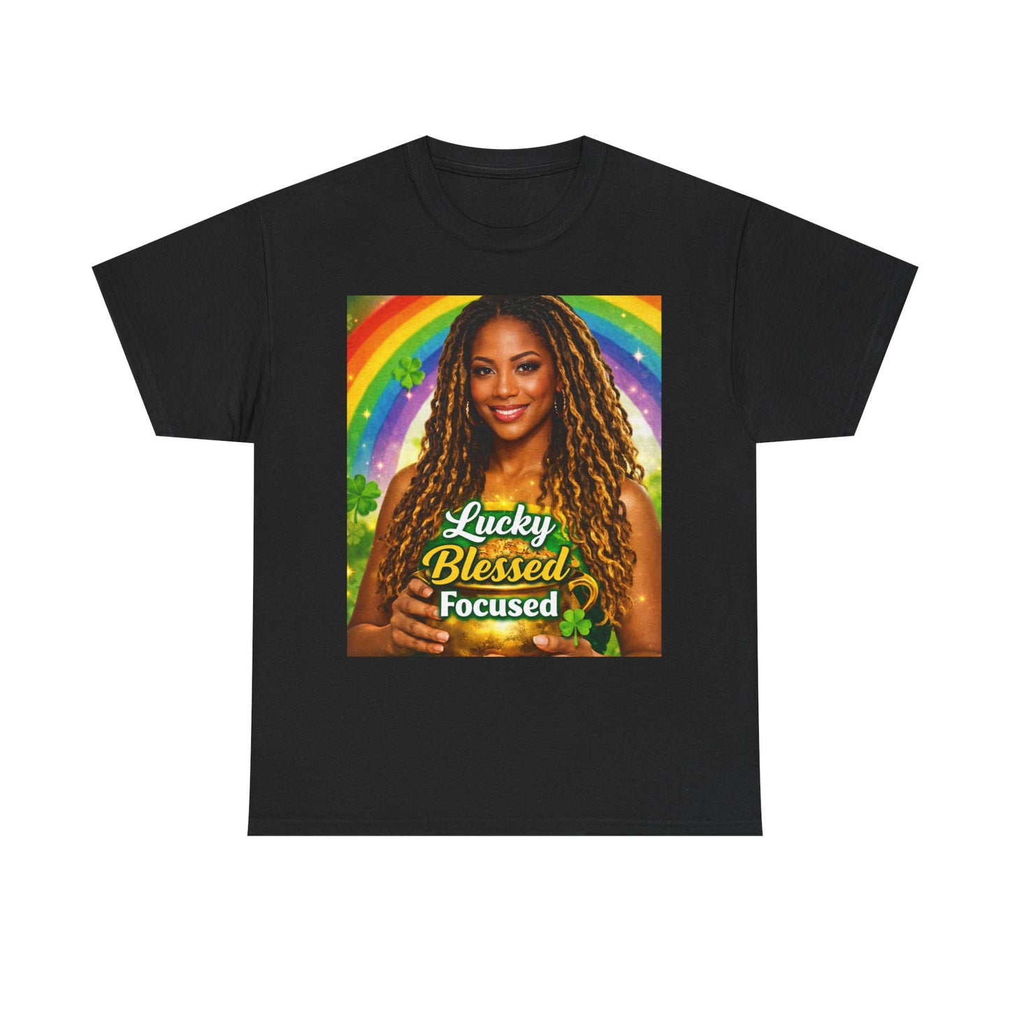 Lucky Blessed Focused T-Shirt | Rainbow Shamrocks St. Patrick's Day
