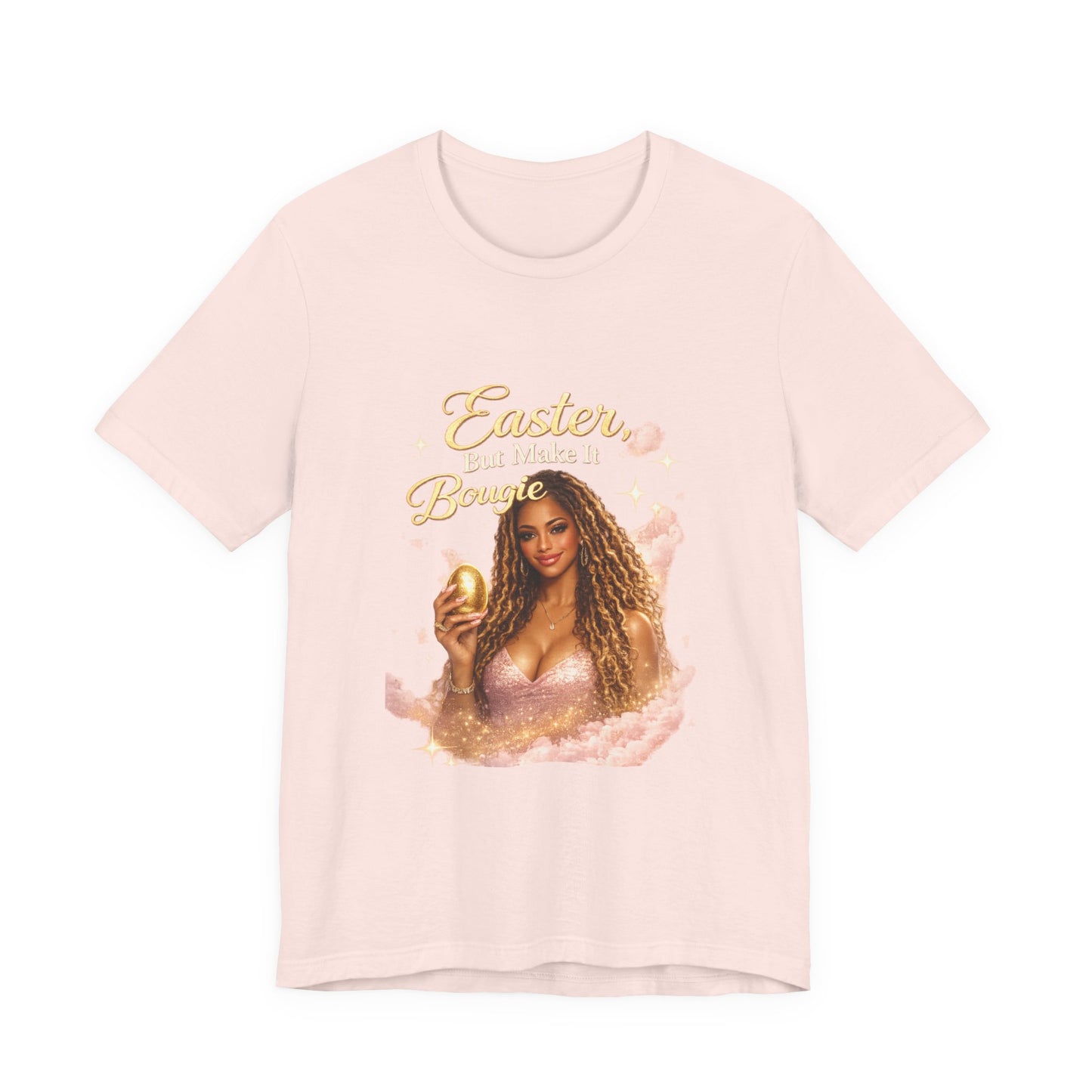 Easter Babe holding golden egg T-Shirt | Easter design, pink shimmer