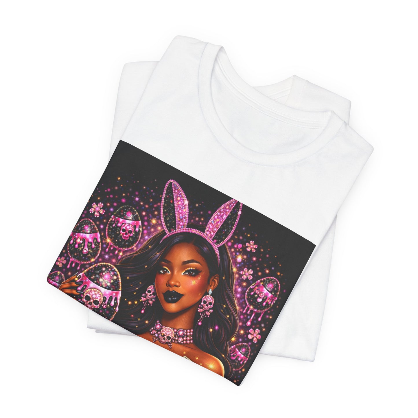 Gothic Bunny Girl Graphic Tee — Pink Skull & Money Illustration