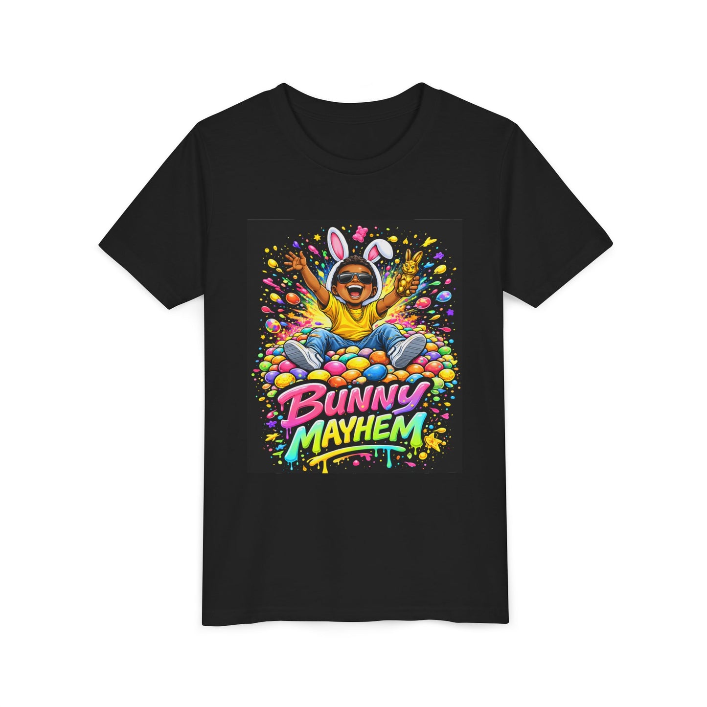 Youth Tee — 'Bunny Mayhem' Easter Bunny Eggs Graphic Shirt