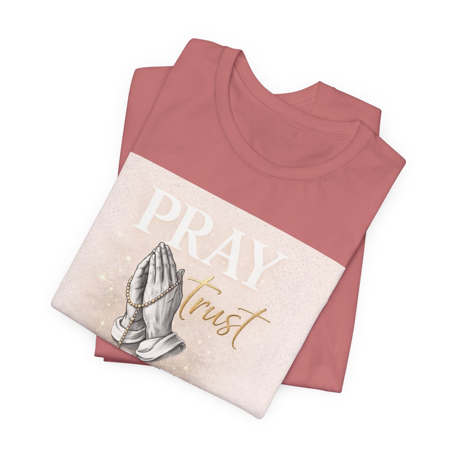 Pray Trust Wait T-Shirt — Inspirational Christian Tee with Praying Hands
