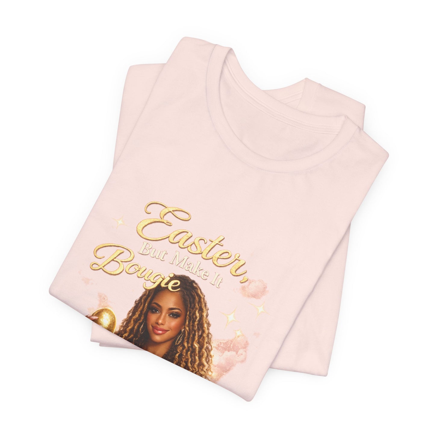 Easter Babe holding golden egg T-Shirt | Easter design, pink shimmer