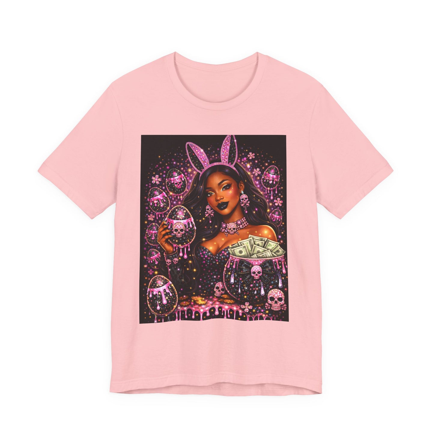 Gothic Bunny Girl Graphic Tee — Pink Skull & Money Illustration