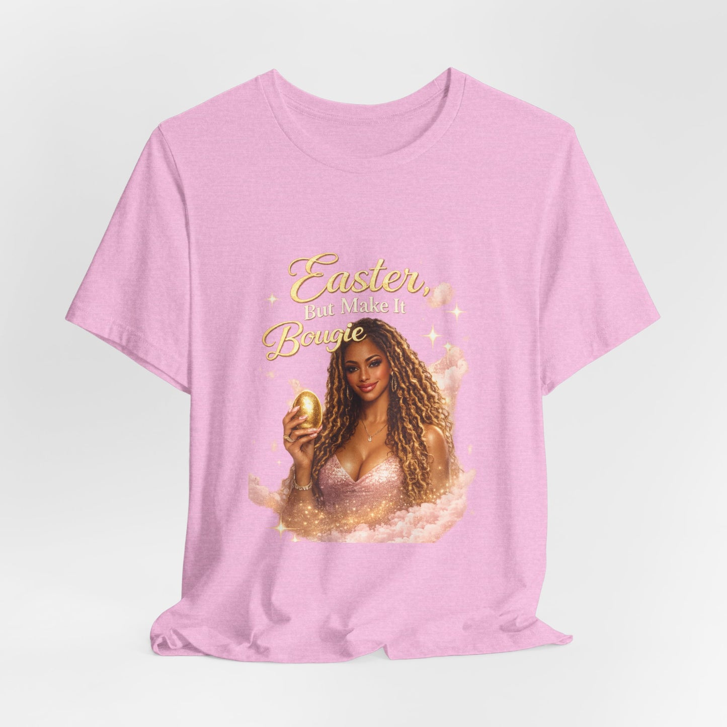 Easter Babe holding golden egg T-Shirt | Easter design, pink shimmer