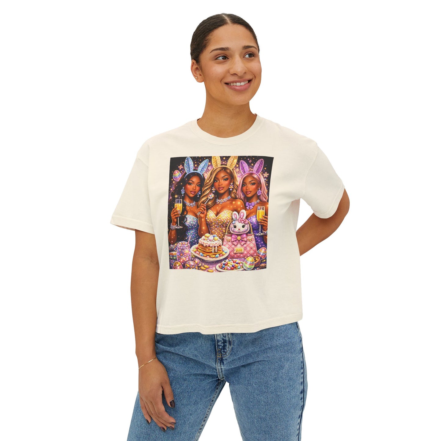 Easter Bunny Party Boxy Tee — Women’s Graphic T-Shirt with Glam Bunny Girls