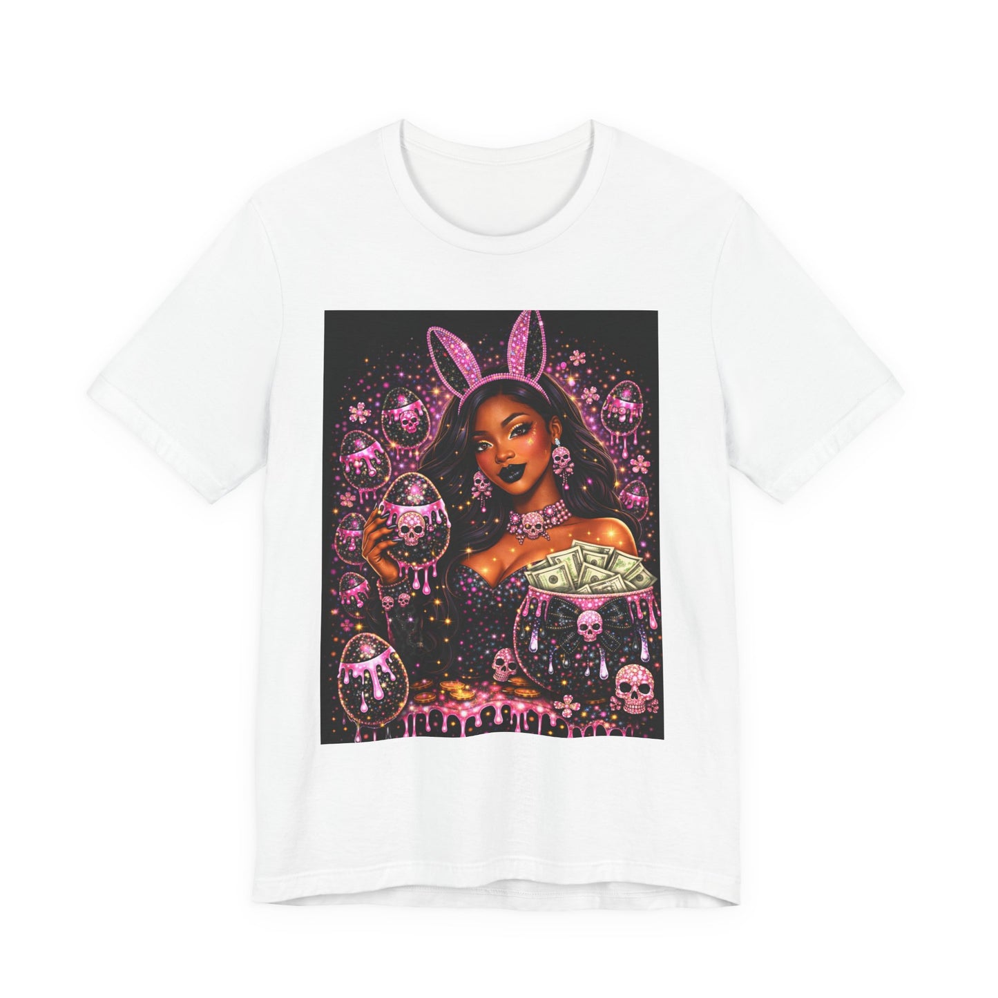 Gothic Bunny Girl Graphic Tee — Pink Skull & Money Illustration