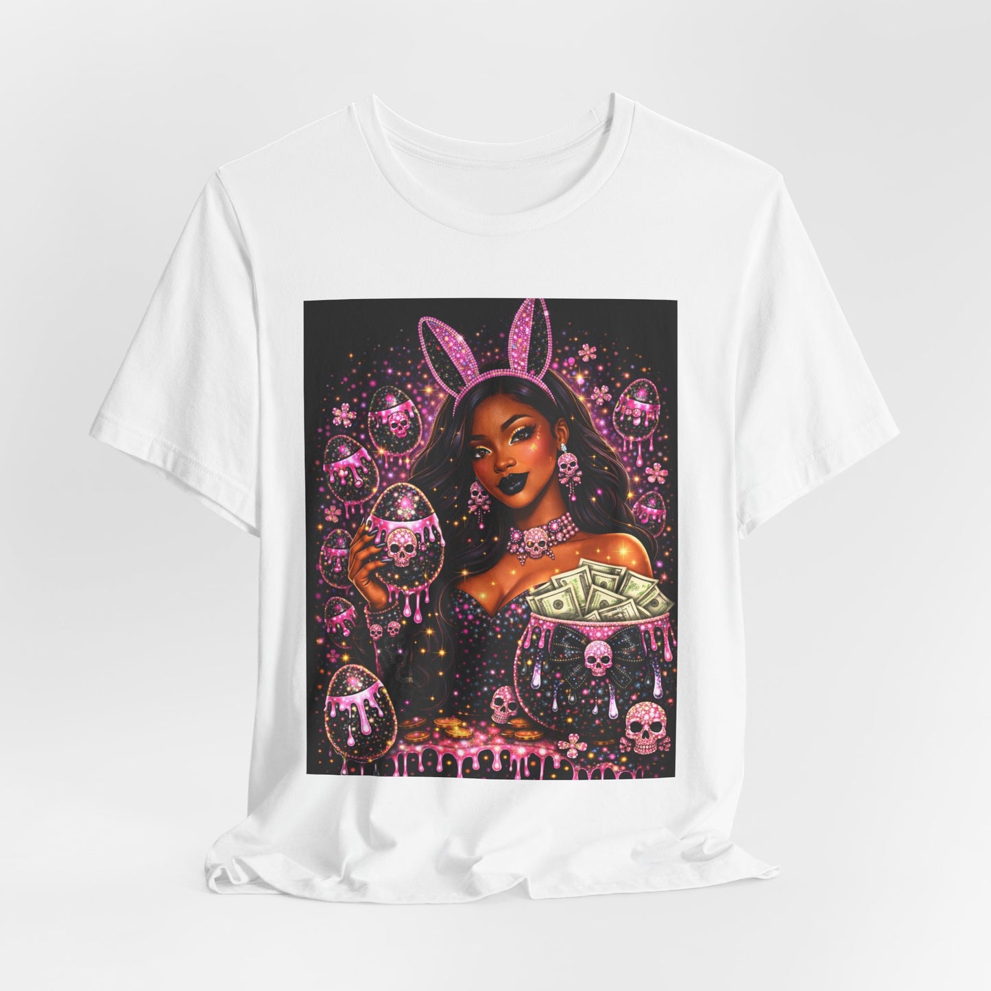 Gothic Bunny Girl Graphic Tee — Pink Skull & Money Illustration