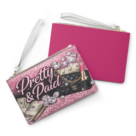 Clutch Bag — "Pretty & Paid" Glam Glitter Cosmetic Clutch with Money, Diamonds & Lipstick Design